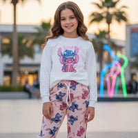 طقم بناتي بتصميم ستيتش وأنجل باللونين الأبيض والور...