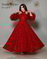 فستان سهره احمرالقماش/ تل مطرز كمبيوتر مزين بفصوص...