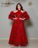 فستان سهره احمرالقماش/ تل مطرز كمبيوتر مزين بفصوص...