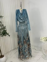 فستان سهره سماوي خامه وكلفه خرز