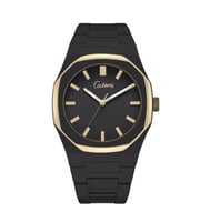 ‎ ساعة رجالية بسير كاربون بلون اسود اطار ذهبي