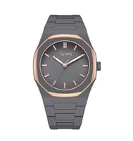 ‎ ساعة رجالية بسير كاربون بلون رمادي اطار روز قولد