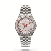 ساعة رجالية بسير استيل فضي اطار ابيض واحمر