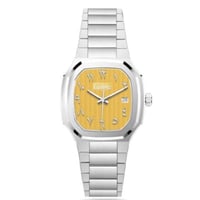 ساعة رجالية استيل فضي ميناء اصفر ارقام عربية