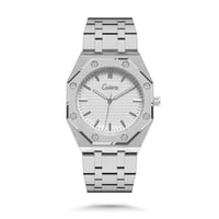 ساعة رجالية من الستيل بلون فضي ميناء ابيض