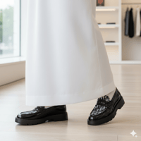 حذاء لوفر أسود جلد لامع بقماش لتهوية القدم