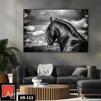 HR113 لوحة فنية بالأبيض والأسود تصور حصانًا أسودًا...