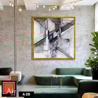 A-28 "لوحة فنية تجريدية بتدرجات رمادية وإطار ذهبي،...