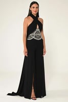 جمبسوت طويل من الكريب مع ربطة عنق متقاطعة و شك عند...