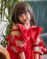 فستان انيق بخامة الشانتون الاحمر وفيونكات ثري دي ع...