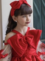 فستان انيق بخامة الشانتون الاحمر وفيونكات ثري دي ع...