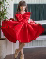 فستان انيق بخامة الشانتون الاحمر وفيونكات ثري دي ع...