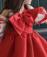 فستان انيق بخامة الشانتون الاحمر وفيونكات ثري دي ع...