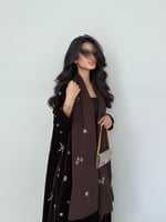 عباية قماش مخمل بني مطرز نجوم فخم