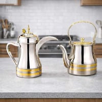 طقم براد شاي ودلة قهوة استيل فضي مذهب