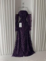 فستان موف مشجر على اكمام تل