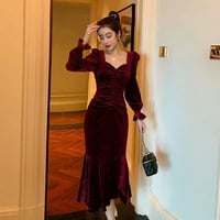 2021 جديد خمر عتيق الذهب الأحمر المخملية فستان الخ...