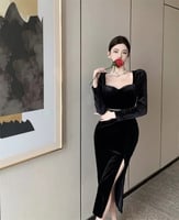 Ezgaga-فستان مخملي للنساء ، بياقة مربعة ، أكمام طو...