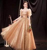 فساتين حفلات ذهبيه للنساء ثوب نسائي باكمام قصيره م...