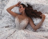 A-line فاخر كريستال الكرة ثوب الزفاف شفاف كم طويل...