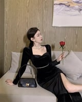 Ezgaga-فستان مخملي للنساء ، بياقة مربعة ، أكمام طو...