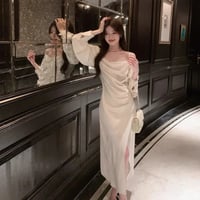 فستان بحمالة رقبة من الساتان على الكتف ، تنورة طوي...