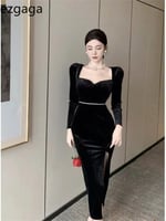 Ezgaga-فستان مخملي للنساء ، بياقة مربعة ، أكمام طو...