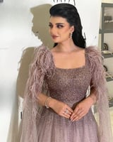 بسيط رائعه مربع خط الريش فستان حفلة موسيقية ثوب تو...