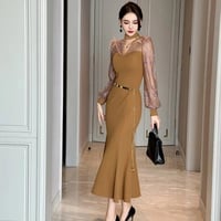 فستان نسائي منقسم ذيل السمكة ، ديكور أنيق من الدان...