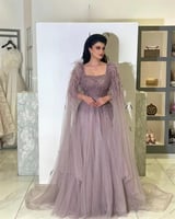 بسيط رائعه مربع خط الريش فستان حفلة موسيقية ثوب تو...