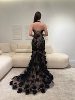 فستان بيج رملي تول مطرز بالأسود