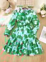 فستان كاجوال أخضر بأكمام طويلة بنقشة زهور، مع حزام