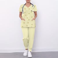 سكراب أصفر باستيل ناعم بياقة على شكل حرف V وأكمام...