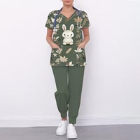 سكراب لون زيتوني مع أرنب أبيض لطيف ومكونات زهور خف...