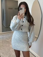 طقم كارديجان فريد للنساء، كنزة رمادية بياقة دائرية...