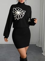 فستان انيق بطبعة زهور وياقة عالية , متعدد الالوان