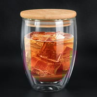 Double Wall Glass Coffee Mug with Wooden Lid 350