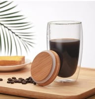 Double Wall Glass Coffee Mug with Wooden Lid 350