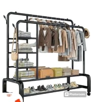 علاقة ملابس مزدوجة مع عجلات دوارة مزودة برفوف وعلا...