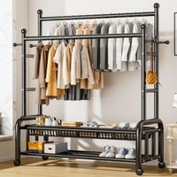 علاقة ملابس 2 في 1: تصميم عصري، رفوف واسعة، وعجلات...