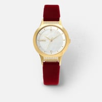 ‎ ساعة نسائية باللون الذهبي وسوار مخملي أحمر | ZAV...