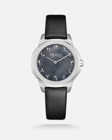 ‎ ساعة نسائية من الجلد باللون الأسود