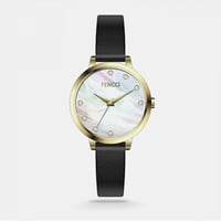 ‎ ساعة نسائية بسير رفيع من الجلد باللون الأسود وال...