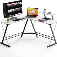 طاولة بشكل حرف ال مع رف شاشة اللون ابيض