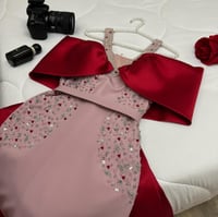 فستان القماش تفته استرتش + الاحمر ميكادو+ شغل خرز...