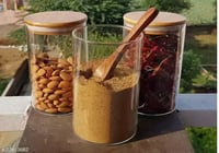 علبة زجاجية شفافة للبهارات والتخزين بغطاء خشبي محك...