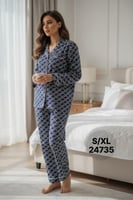 طقم بجامة نسائي شتوي ناعم جاكار بياقة وأزرار وبنطل...