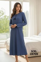 قميص نسائي شتوي ميدي ناعم بياقة دائرية وأزرار - مو...