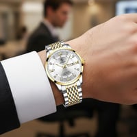 ساعة رجالية فاخرة لون فضي مطعم بالذهبي ستايل أنيق...