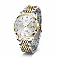 ساعة رجالية فاخرة لون فضي مطعم بالذهبي ستايل أنيق...